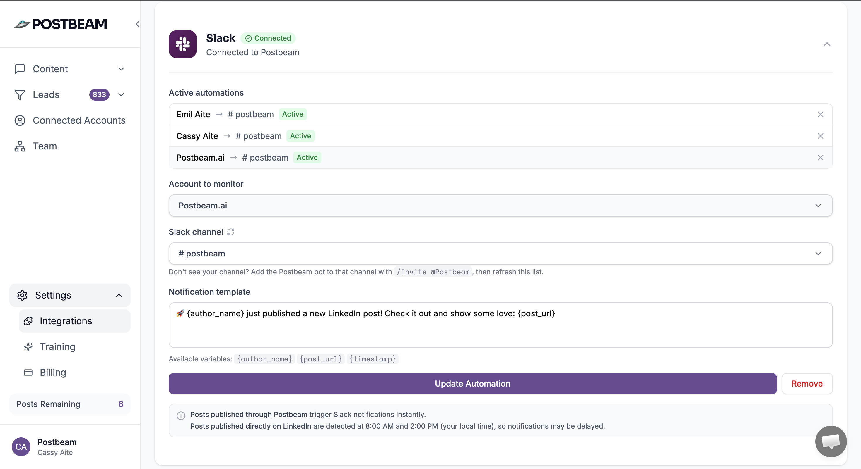 Slack integration for post notifications